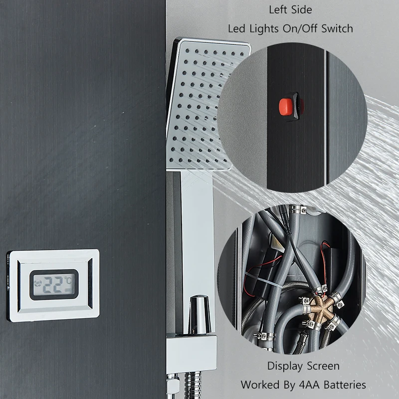 Description Picture 6 of itemBlack LED Rain/Waterfall Head Shower Panel Digital Screen Massage Jets Waterfall Bath Tub Spout Bathroom Shower Column System