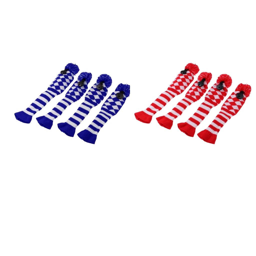 Set of 4 Golf Driver Fairway Woods Club, Knit Head Covers Knit Pom Pom Sock Headcovers Long Neck Knit Sock Golf Club