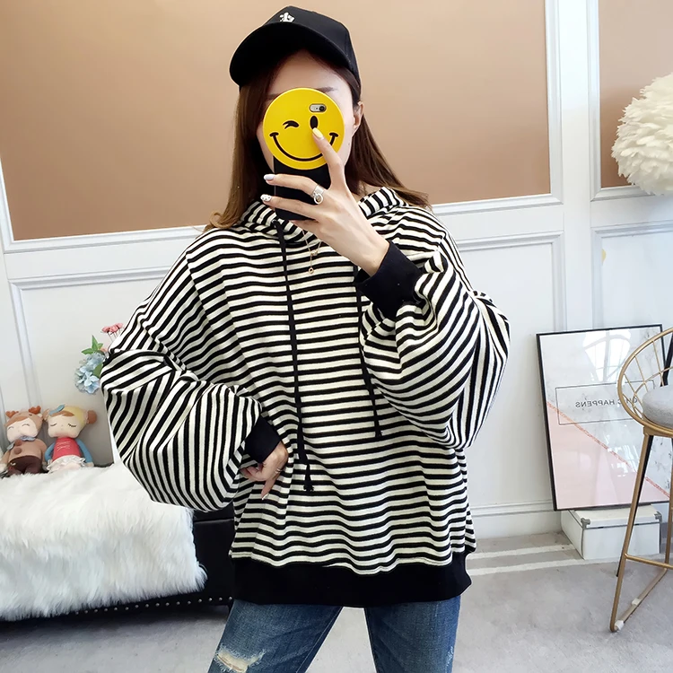 HAYBLST бренд женские толстовки осень зима мода полосатый пэчворк Kawaii Свободные топы Плюс Размер XL корейский стиль Женская одежда s