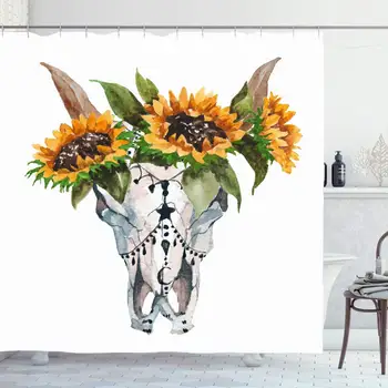 

Shower Curtain Set with Hooks 66x72 Inches Cow Retro Hand Abstract Bull Watercolor Bulls Drawn Bouquet Rose Head Flowers Gypsy
