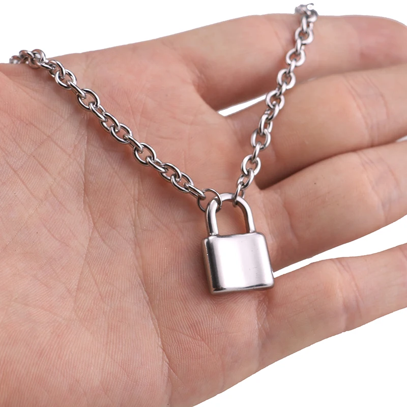 

Stainless Steel Silver Color Pad Lock Pendant Long Necklace Brand New Rolo Cable Chain Necklace Women Collar Jewelry Choker