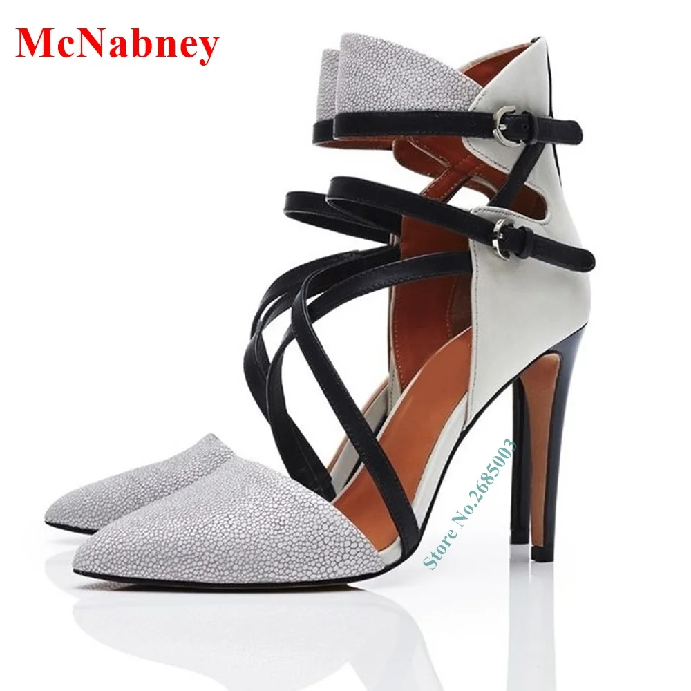 

Cross Tied Ankle Buckle Straps Sandals Pointed Toe Stiletto High Heel Stone Pattern Lady Summer Spring Daliy Party Dress Sandals