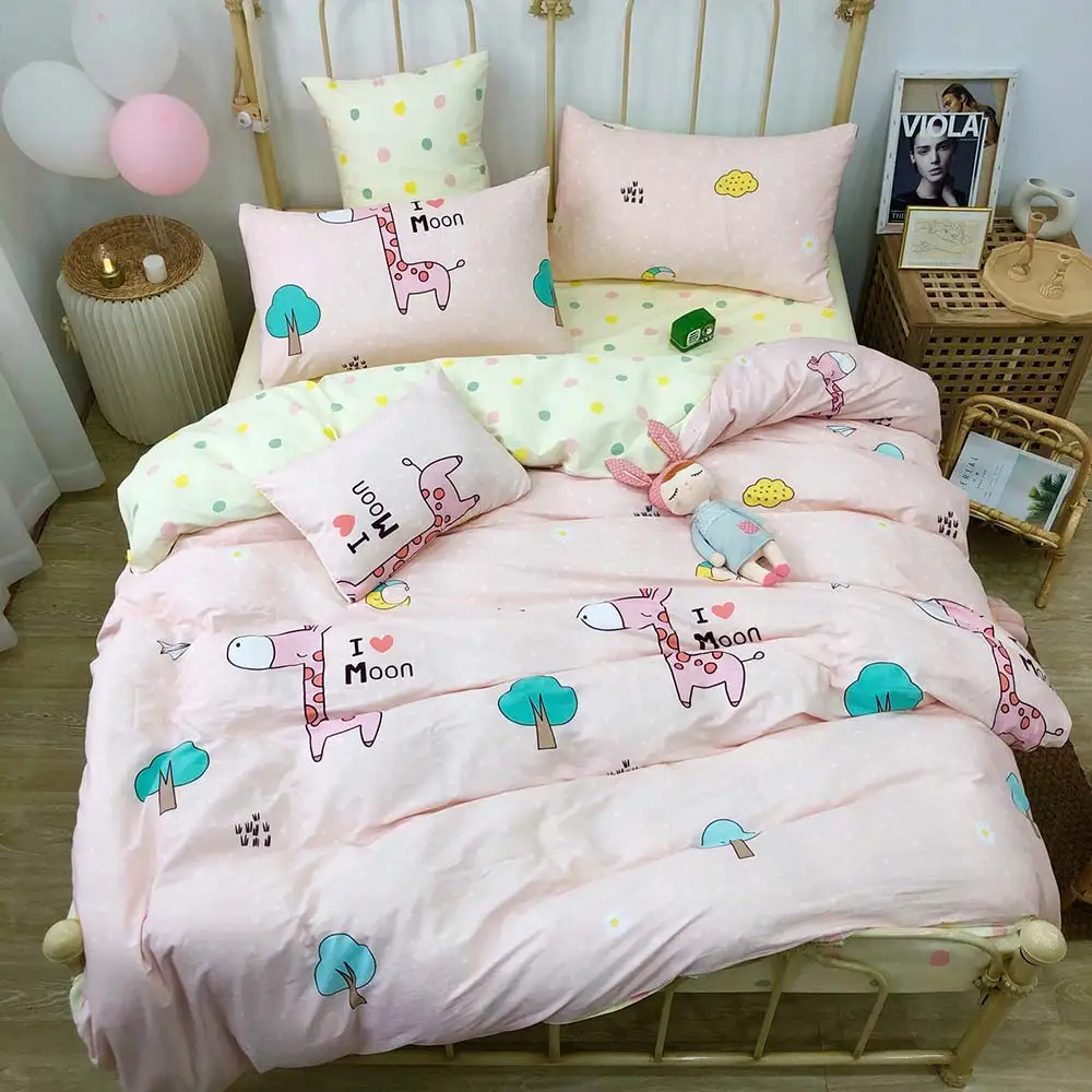 

2019 Cartoon Pink Giraffe Trees Duvet Cover Set Kids Children Flat Sheet Cotton Bedlinens Twin Queen Bedding Sets Pillowcases