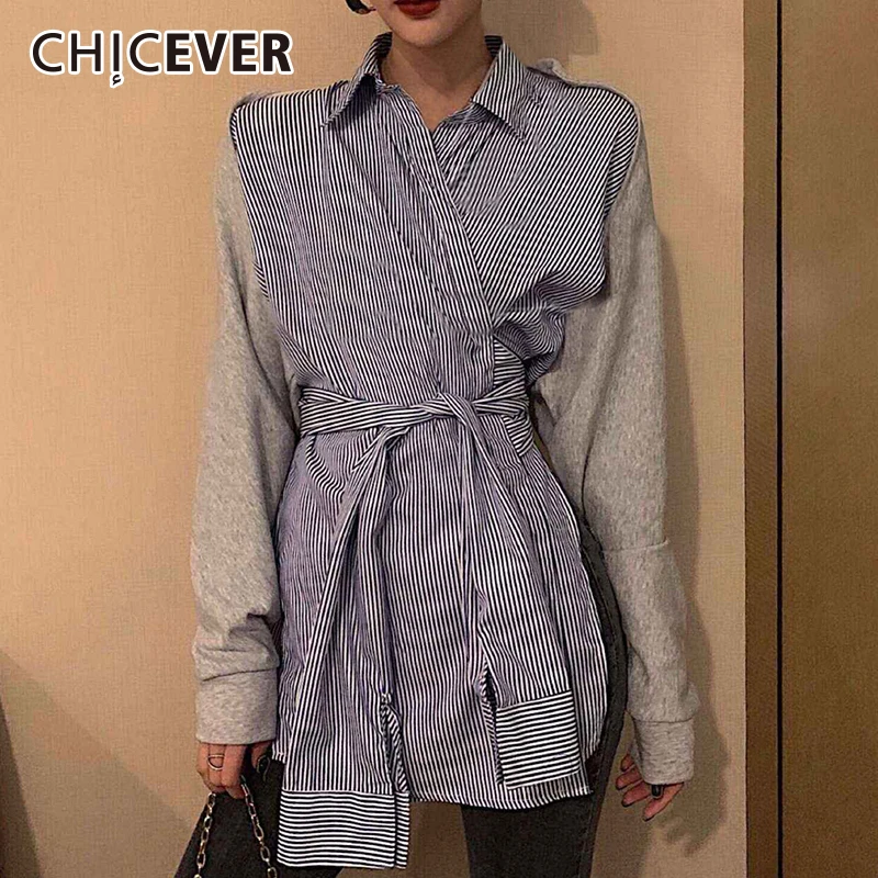 CHICEVER корейский Полосатый хит цвет Женская рубашка воротник с лацканами фонарь рукав Бандаж с высокой талией блузка женская мода осень