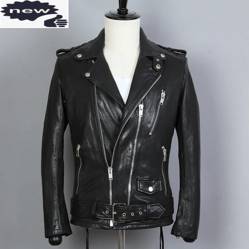 

Fashion Men's Motorcycle Jacket Sheepskin Lapel Double-layer Diagonal Zipper Belt Genuine Leather Coat Men