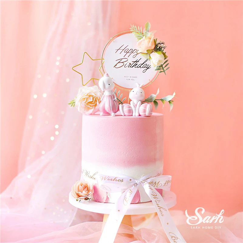 Розовый искусственный цветок розы листья торт Топпер звезда Кролик Банни свадебные принадлежности для выпечки с днем рождения украшения Любовь Подарки