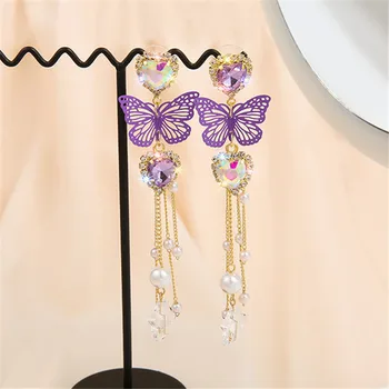 

FYUAN Beautiful Purple Butterfly Drop Earrings for Women Long Tassel Heart Crystal Earrings Weddings Engagement Jewelry Gift