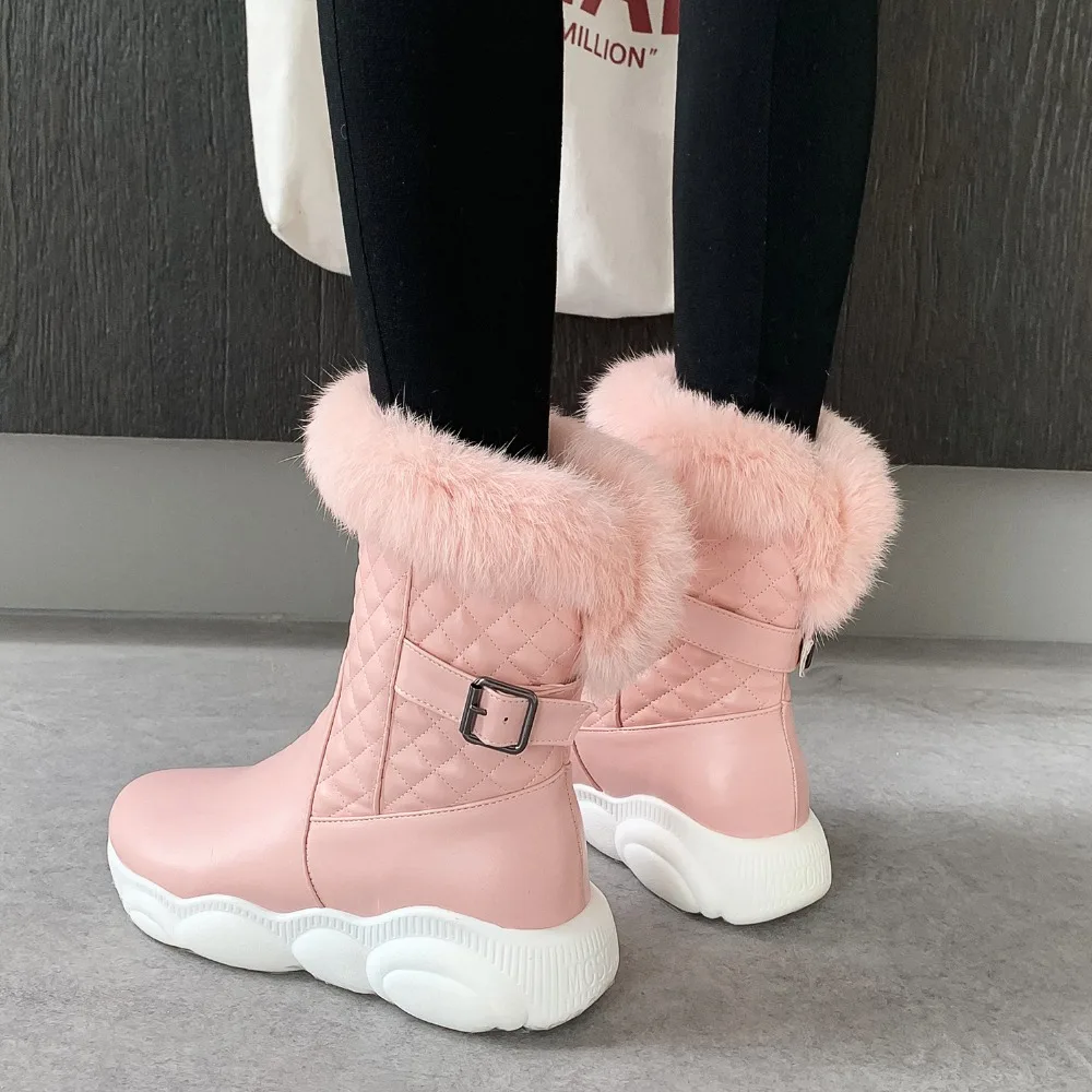 Sweet Ladies Quilted Mid-calf Boots Warm Faux Fur Winter Snow Shoes for Women Female Thermal Sneakers Boots Larger Size 46