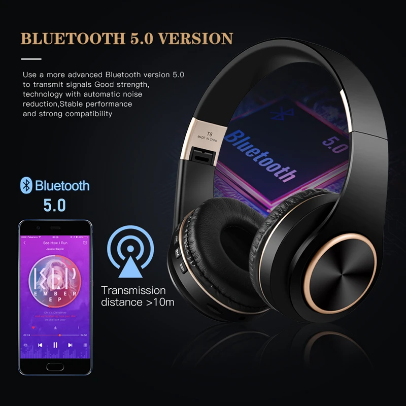 Wireless Bluetooth5.0 Headphones Foldable Wireless Stereo Headset Handsfree Earbuds with Mic Support TF Card Play