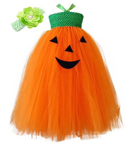 dress with headband Милый оранжевый Тыква платье-пачка для девочек Хэллоуин благодарения детей Тыква Косплей Костюм от 1 до 12 лет дети день рождения карнавал платье - Цвет: dress with headband