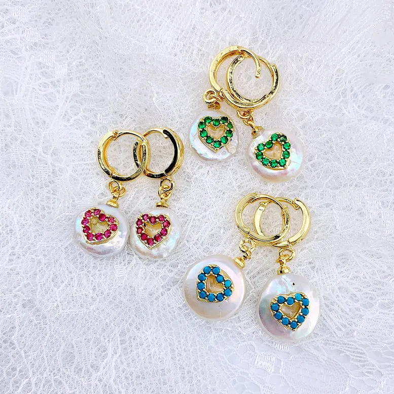 

Wholesale Natural Pearl Micro Pave Heart - Shaped CZ Charm Earrings 5 or 10 Pairs