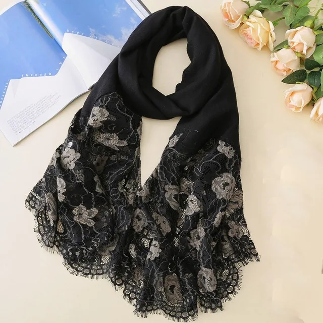 Black Wool Scarf Чистый шерстяной шарф для женщин Зимний кружевной шерстяной шарф с цветочной вышивкой роскошный брендовый кружевной шарф зимний шарф - Цвет: Black Wool Scarf