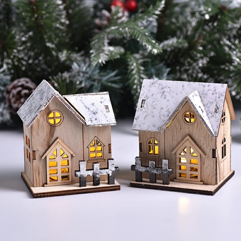 Christmas Decorations Christmas LED Light Wooden House Luminous Cabin Merry Christmas Decorations for Home DIY Xmas Tree Ornaments Kids Gift New Year