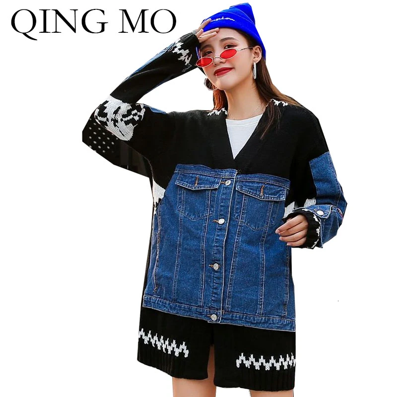 QING MO, Осенний вязаный женский свитер,, женский джинсовый лоскутный свитер, женский черный, синий кардиган, пальто, ZQY2047