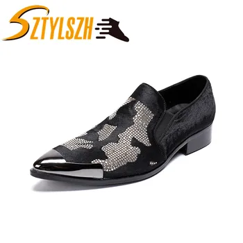 

Fashion Designer Men Rhinestone Genuine Leather Shoes Plus Size Pointed Toe Formal Dress Shoes Business Men Casual Shoes