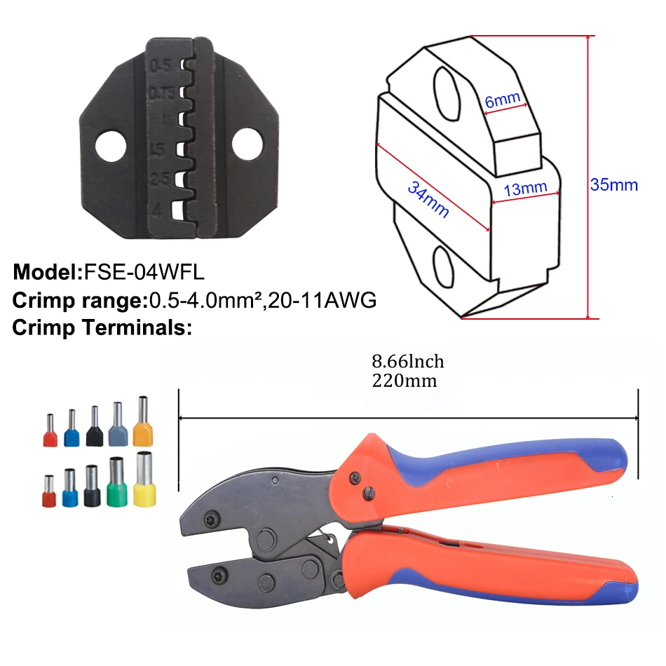 Обжимной инструмент 220 мм трещотка провода щипцы и сменные штампы для термоусадочных разъемов неизолированные наконечники - Цвет: 04WFL
