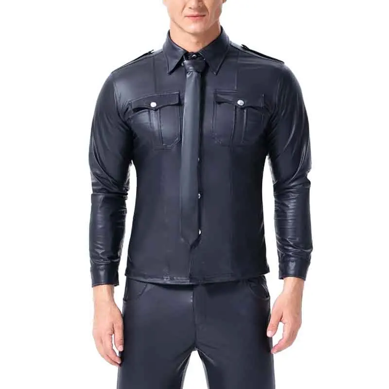 Black Faux leather Long Sleeve Mens t Shirt PU Leather T Shirts Men Sexy Fitness Tops Gay Tee Shirt Homme Sexy Party Clubwear (1)