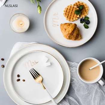 

European-style Phnom Penh Ceramic Tableware Household Steak Plate Dish Plate Disc Large Flat Plate Couple Dinner Plate Pasta