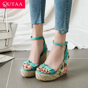 

QUTAA 2020 Wedge High Heel Scrub Fashion Women Shoes Bow-knot Open-toed Ladies Pumps Platform Buckle Summer Sandals Size 34-43