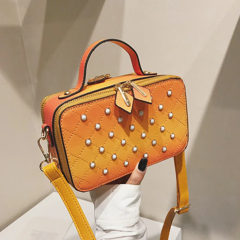 

JIULIN 2019 summer new rivet camera bag women's double zipper rhomboid mini single shoulder slanted cowhide small square bag