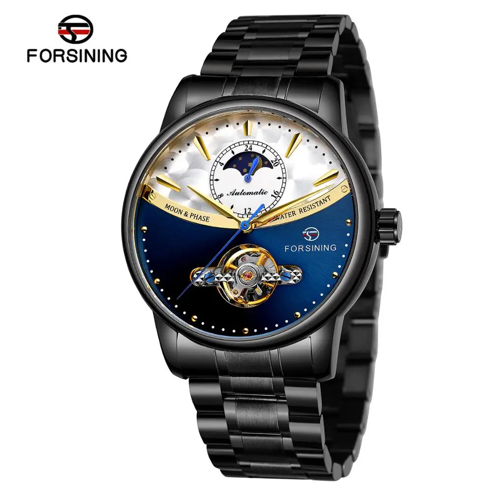 Forsining бренд механические Moon Phase стальной ремешок часы Tourbillon бизнес механические водонепроницаемые наручные часы Relogio