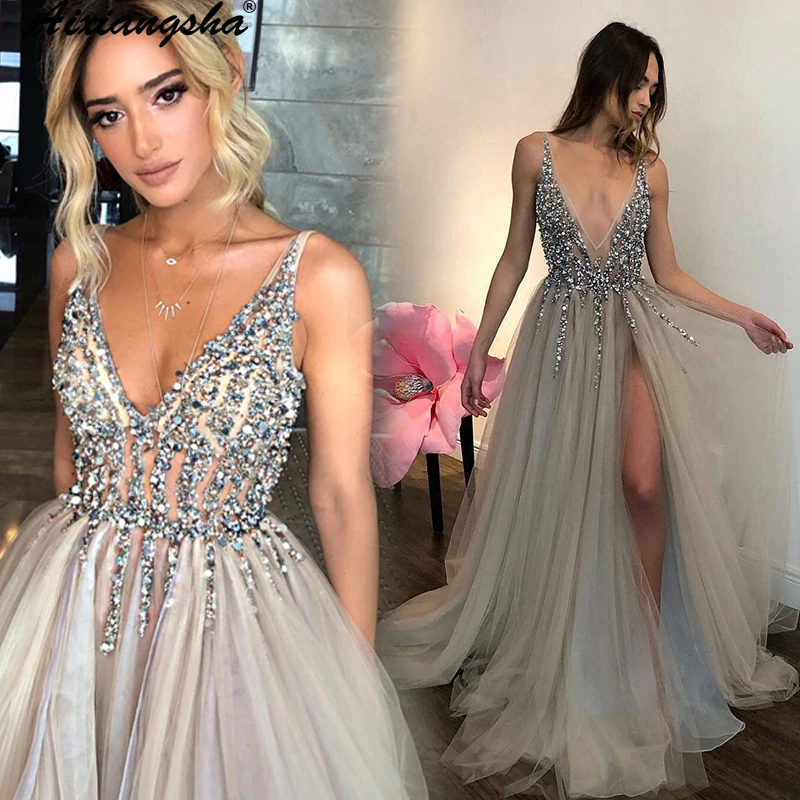 

Sexy V Neck Crystal Beading Prom Dress Pleating Split Front Open Back Evening Dress Latest Design vestidos de novia