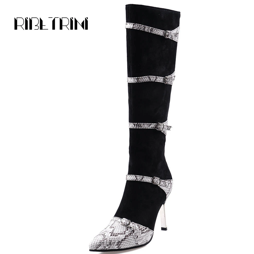 

RIBETRINI USA Designer Boots Women Sexy Pointed Toe Thin High Heel Shoes Woman Stretch Belt Strappy Knee High Knight Boots