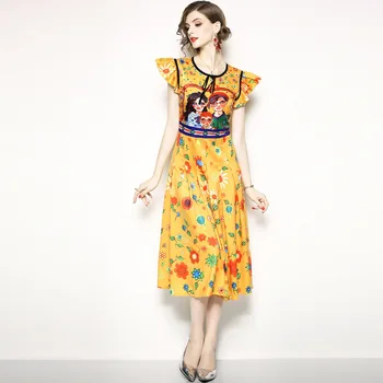 

Fashion Short Sleeve Flowers Print Yellow Summer Dress Women Floral Elegant A-Line Dress Ladies Clothing