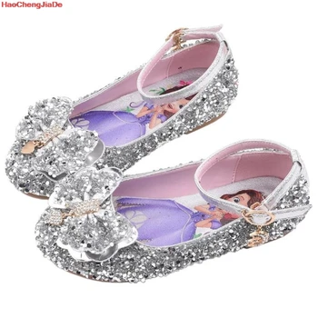 

Kids Princess Dress Leather Shoes Girls Flat Heels Crystal Sofia Dance Shoes Fashion Glitter Leather Bowtie Party Shoes School