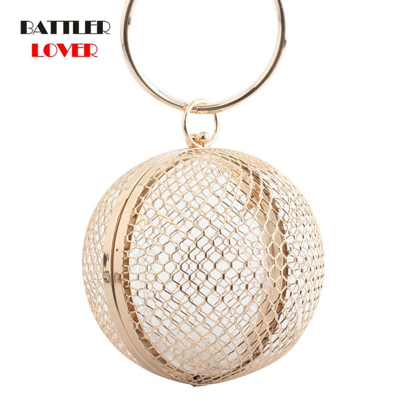 Vintage Evening Bag for Women Metal Chain Party Shoulder Crossbody Bags Clutch Circular Cage Handbag Hollow Out Banquet Purse