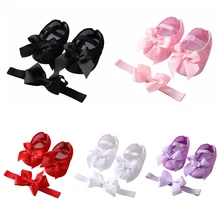 Baywell bebê meninas de cetim pano bowknot princesa sapatos 1 ano sola macia sapatos caminhada bandana conjunto