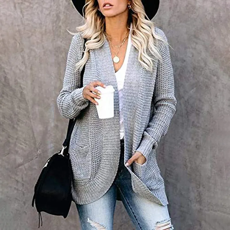 

Cardigan Women's Sweater Autumn and Winter Solid Color Casual Fashion New Wear Arc Placket Large Pocket Sweater Female Clothes