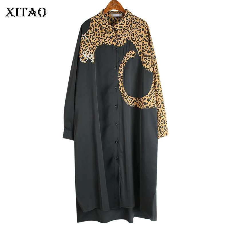 XITAO Europe Style Leopard Print Stitching Irregular Dress Women Long Sleeve Loose Plus