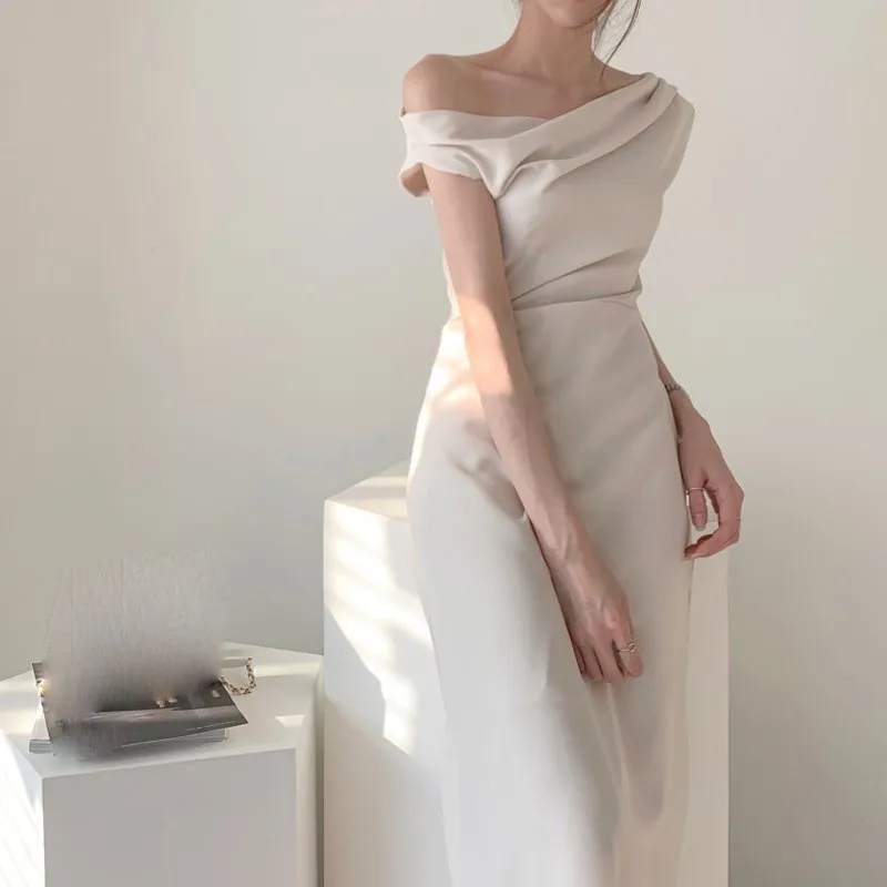 

New Women Solid Slash Neck Midi Dresses High Waist A-Line Dresses Summer Office Lady Short Sleeve Casual Dresses