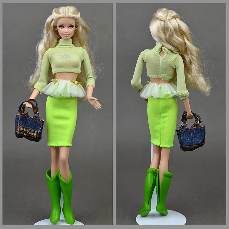 

Doll Accessory Suit Set Green Long Sleeve Shirts Mini Skirt Long Boots Bags Accessories Clothes For Barbie Doll House Girls Toys