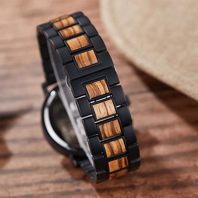 Bamboo Metal Wood Watch for Men Watch Relogio Masculino Chronograph Calendar Date Sport Mens Male Ebony Wooden Quartz Wristwatch