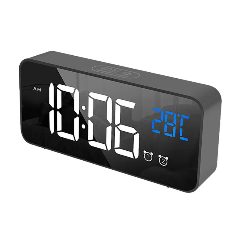 Светодиодный цифровой будильник, умные часы с голосовым управлением и функцией повтора температуры, электронные часы - Цвет: Черный