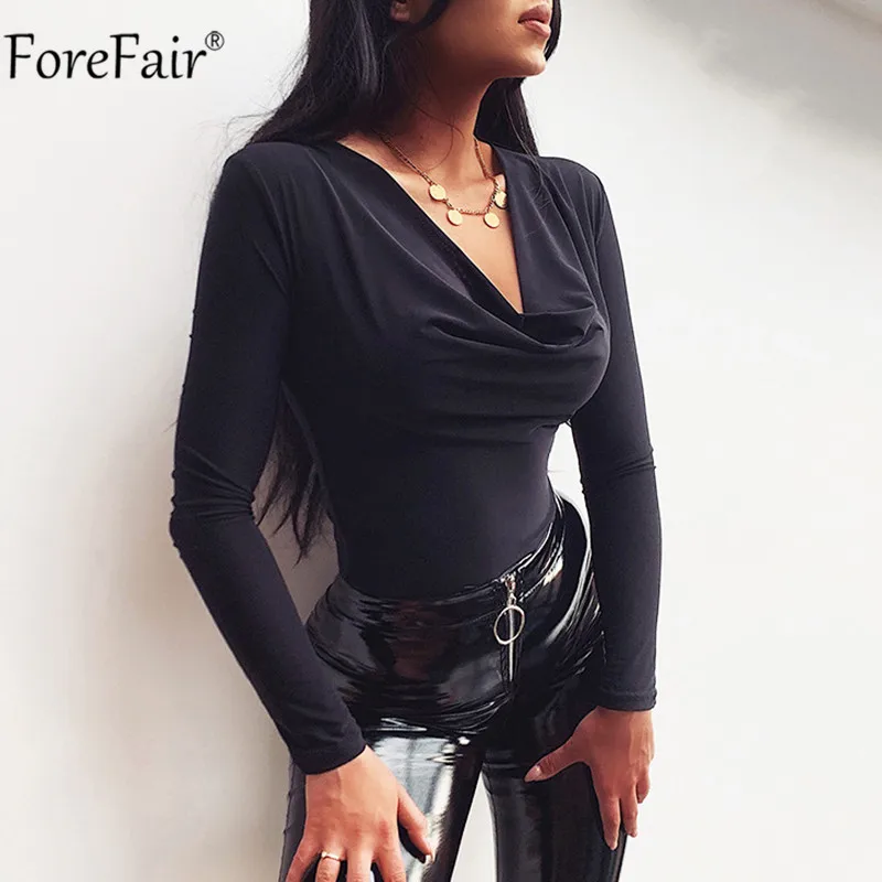 Forefair, длинный рукав, женский боди, Осень-зима, v-образный вырез, черный топ, однотонный, сексуальный, Повседневный, женские комбинезоны