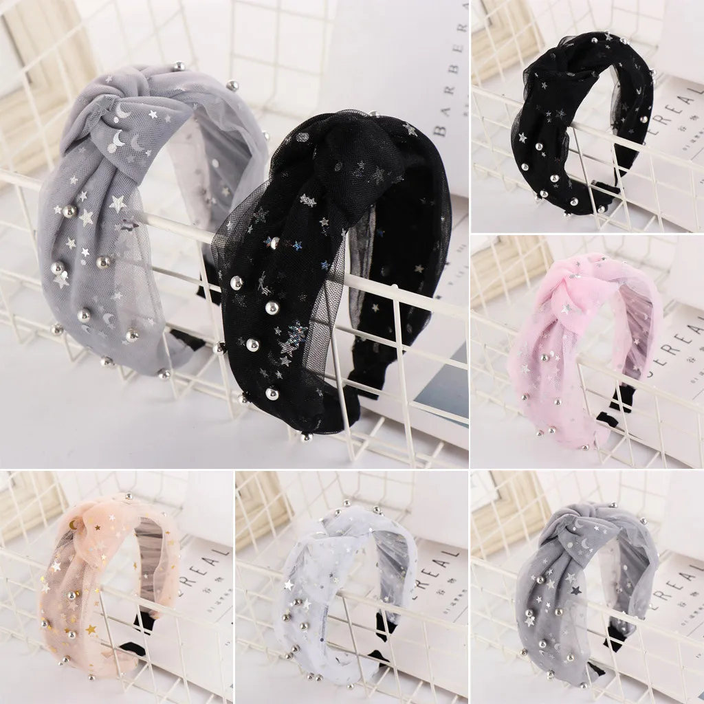 Mesh beaded Star embellishment Women Headband Ladies Wide-side knotted headband hairpin hairpin Elegant Female Hair Accessories