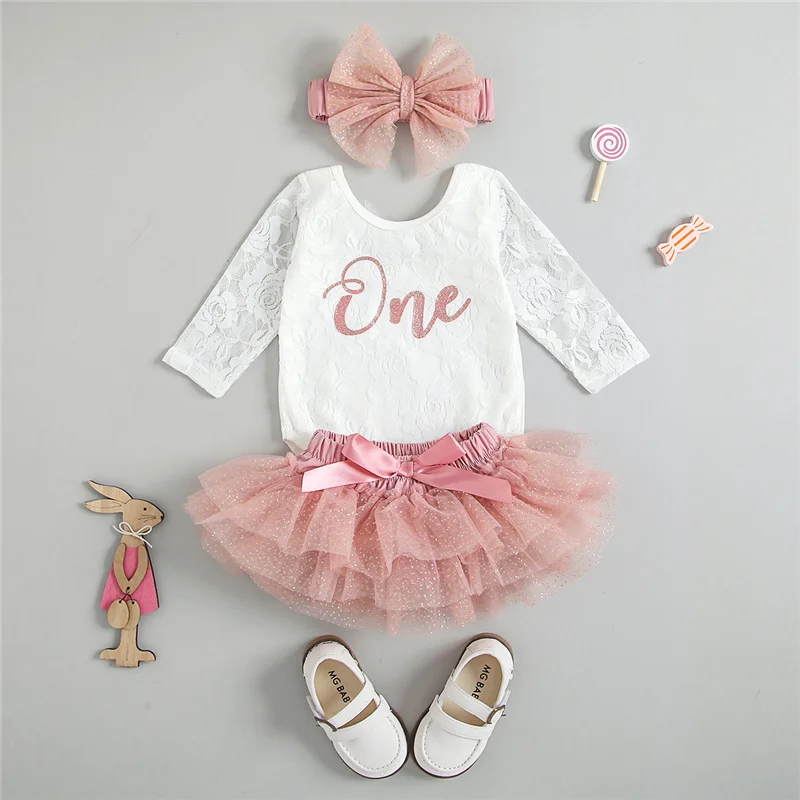 Baby Girl Clothing Set, My First Birthday Outfits, Long Sleeve Floral Lace Romper + Tutu Skirt + Headband, 0-30Months