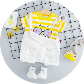 

Cute Summer Casual Tops+Bib Pants Baby's Sets Infant Baby Girls Striped Cartoon Cat Printed Long Sleeve T-shirt Hot Selling New