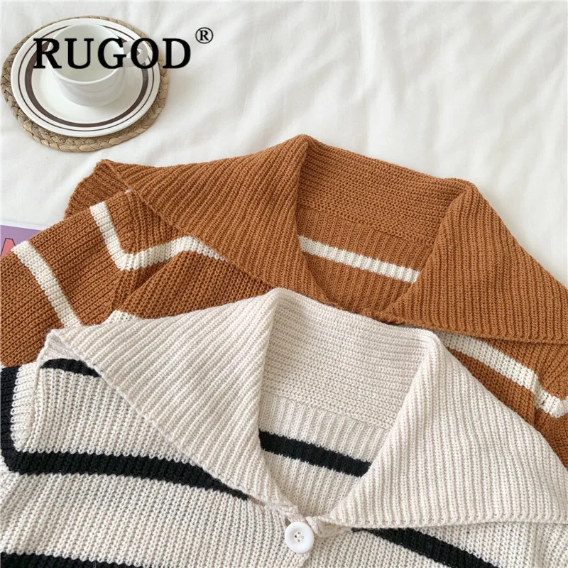 RUGOD, повседневный вязаный кардиган в полоску, женский, корейский, vrew, с вырезом, с длинным рукавом, auturm, свитер, пальто, женская мода, женская одежда