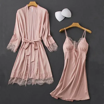 

Sexy Nightdress Lace Patchwork Women Kimono Bathrobe Gown Satin Nighty&Robe Suit 2PCS Robe Set Intimate Lingerie Casual Homewear