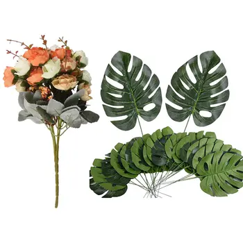 

21 Heads Artificial Silk Cloth Rose Flowers Fake Leaf Orange & 24 Counts Fake Faux Artificial Tropical Palm Leaves