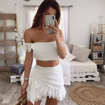 

2020 Summer White Lace Hollow Out Bandage Bodycon Slash Neck Short Top Mini Skirt Two Piece Set Women Outfits