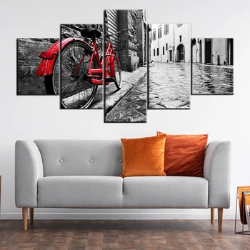 

5 Panel Poster Red Bicycle Wall Art Pictures Bike Prints Black and White Canvas Art Home Decoration Accessories Modern Living