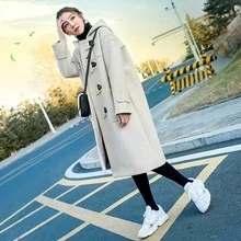 

Ox Horn Button Woolen-clothes Coat Women 2021 Autumn Winter Middle Long Student Hooded Woolen Coat Casual Female Warm Outerwear