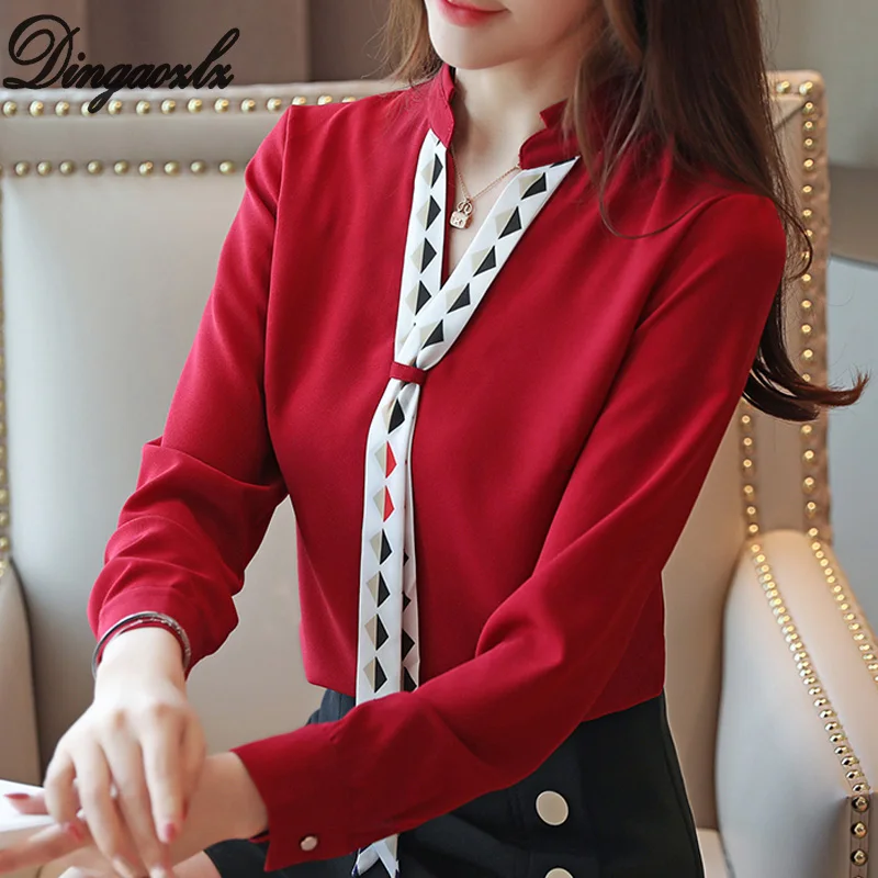 

Dingaozlz blusa feminina Elegant Chiffon shirt Long sleeve Ladies blouse 2019 Red White Office lady shirt Patchwork Women Tops
