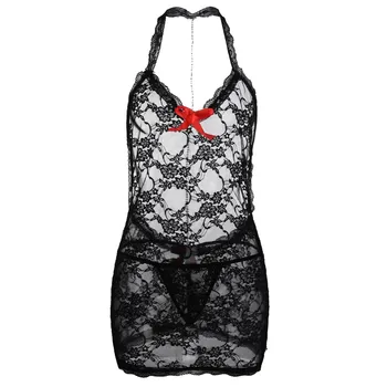 

Fashion Women's nightgown Lace V-Neck Lingerie Clubwear Backless Nightdress With Thong Sleepwear Set ночная сорочка женская