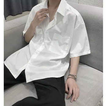 

2020 Summer New Youth Popular Simple Solid Color Big Pocket Thin Section Five-point Sleeve Shirt Fashion Casual Top M-2XL
